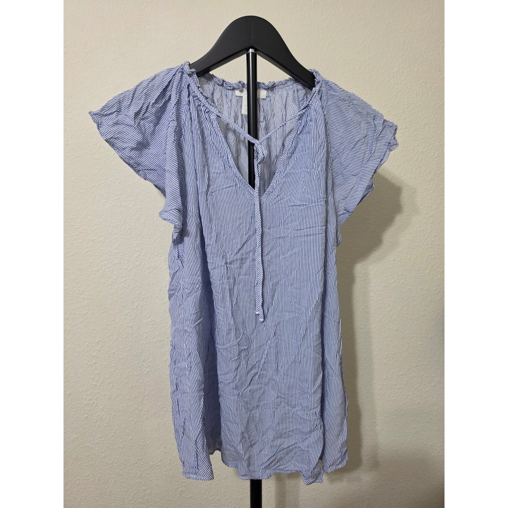 HM Mama Maternity Top Small Blue White Striped Flutter Sleeve V-Neck Tie Viscose